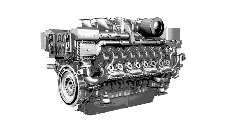 Dieselmotor mit mehreren Zylindern und komplexem Rohrsystem, geeignet für industrielle Anwendungen.