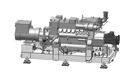3D-Modell eines industriellen Generators mit komplexen mechanischen Komponenten und Rohrleitungen.