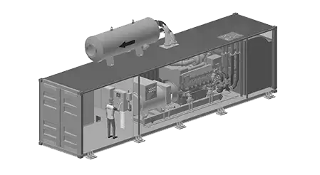 Schematische Darstellung eines Containers mit technischer Ausrüstung und einer Person zur Wartung, einschließlich eines Tanks oben.