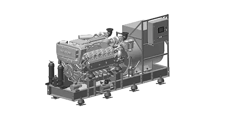 Industriegenerator mit Dieselmotor und Steuerungseinheit auf einer Metallplattform montiert.