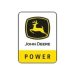 John Deere Logo mit springendem Hirsch und dem Wort "Power" auf gelbem Hintergrund.