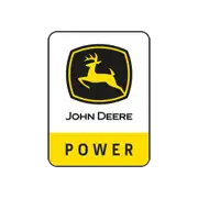 John Deere Logo mit springendem Hirsch und dem Wort "Power" auf gelbem Hintergrund.
