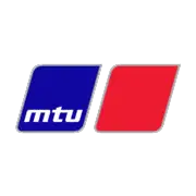 MTU-Logo mit blauem und rotem, schräg gestellten Rechteck und weißem Schriftzug.