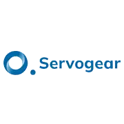 Servogear-Logo in Blau mit stilisiertem Zahnrad und Schriftzug.