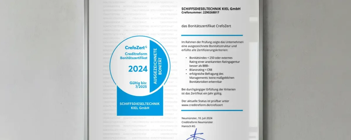 Bonitätszertifikat CrefoZert 2024 für Schiffsdieselelektrik Kiel GmbH, ausgestellt von Creditreform Neumünster Hanisch KG.