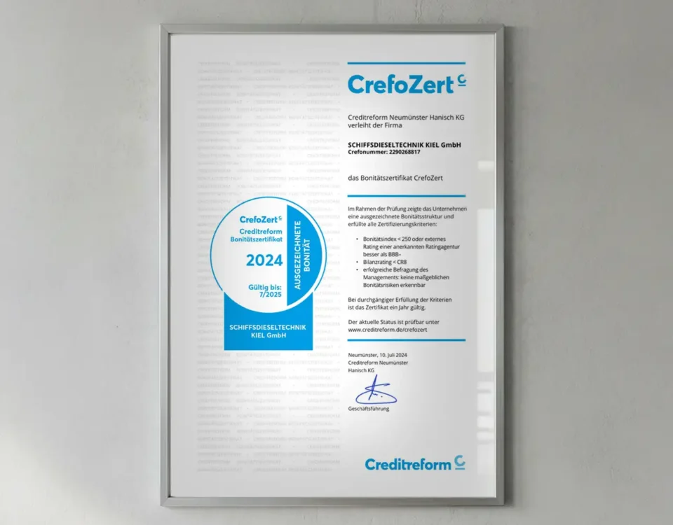 Bonitätszertifikat CrefoZert 2024 für Schiffsdieselelektrik Kiel GmbH, ausgestellt von Creditreform Neumünster Hanisch KG.