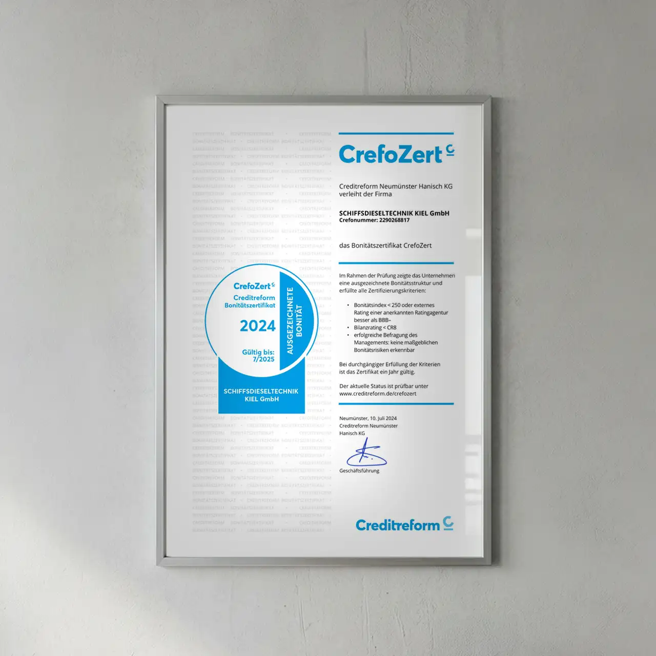 Bonitätszertifikat CrefoZert 2024 für Schiffsdieselelektrik Kiel GmbH, ausgestellt von Creditreform Neumünster Hanisch KG.