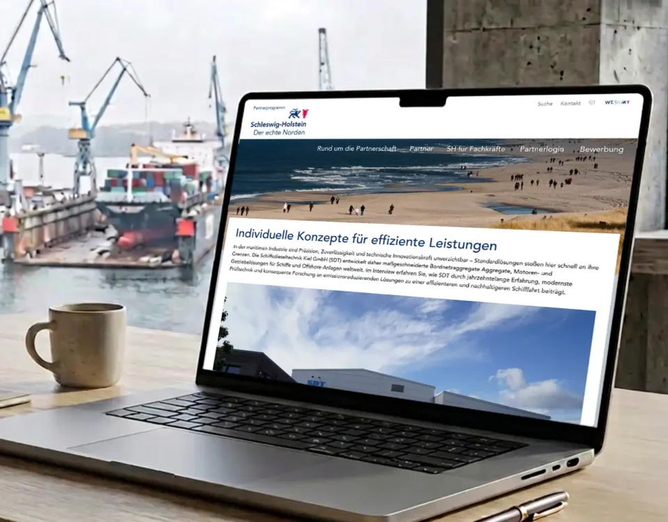 Laptop auf einem Tisch zeigt eine Website über effiziente Leistungen, im Hintergrund ist ein Hafen mit Kränen zu sehen.
