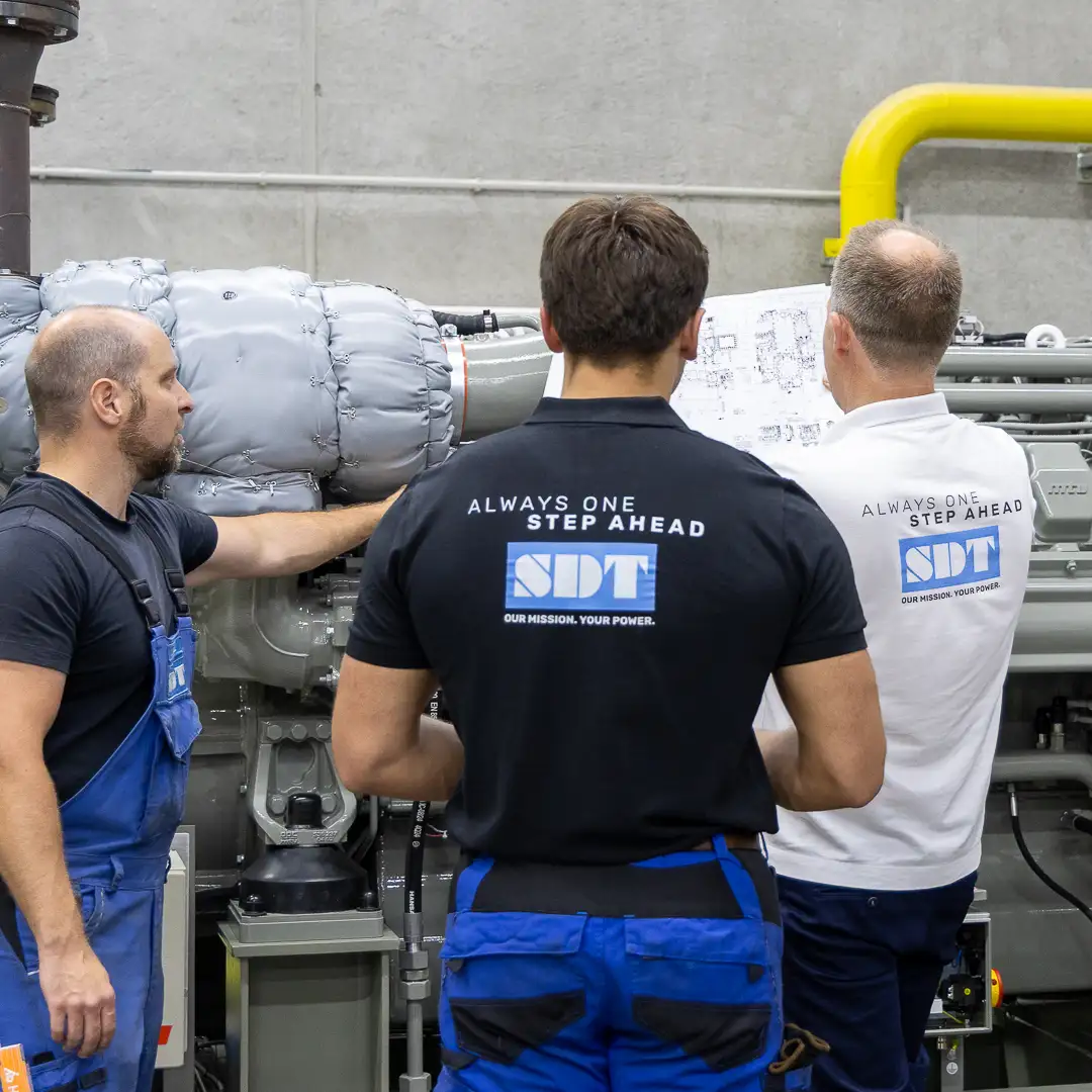Techniker in Arbeitskleidung inspizieren Maschinen und überprüfen technische Zeichnungen in einer industriellen Umgebung.