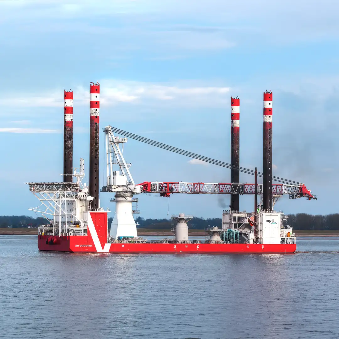 Offshore-Windkraft-Installationsschiff mit Hebekran und vier Stützen auf dem Wasser vor bewölktem Himmel.